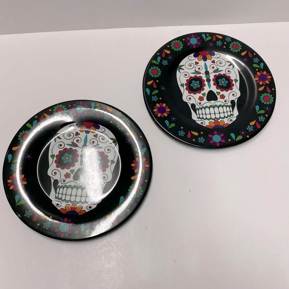 Day of the Dead Sugar Skull Stemless Wine Glasses and Plates Set NWT